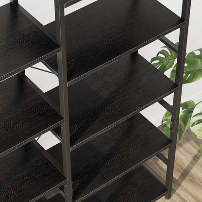 OTK Triple Wide 5 Tier Bookshelf, Rustic Industrial Style Bookcases with 14 Open Display Shelves, Wide Bookshelves for Bedroom, Living Room and Home Office, Black