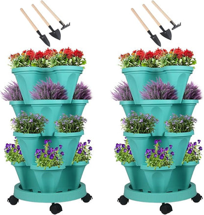 GameXcel Vertical Planter 4 Tier Stackable Planters Garden Planters Strawberry Herb Flower and Vegetable Planter Indoor Outdoor Gardening Pots with Removable Wheels and Tools