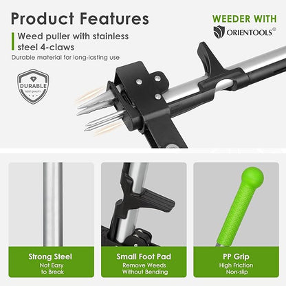 ORIENTOOLS 4 Claws Weed Puller Tool, Stand Up Weed Puller with Long Ergonomic Handle, Weed Puller Tool Stand Up Heavy Duty, Dandelion Picker, Garden Tools for Weeding, Weed Remover Tool for Lawn, Yard