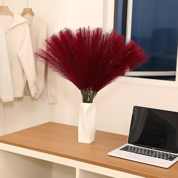 Faux Burgundy Pampas Grass - 30pcs 24 Inch Artificial Pampas Grass Decor Tall, Fake Pompas Grass for Vase Filler, Table Centerpieces, Wedding, Party and Home Decor (Burgundy, 30 Pieces)