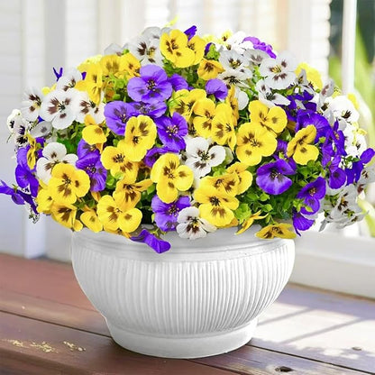 18 Bundles Artificial Flowers for Outdoor, UV Resistant Fake Pansy Flowers, Silk Faux Fowers for Outdoor Planters Home Garden Office Patio Front (Yellow/Purple/White)