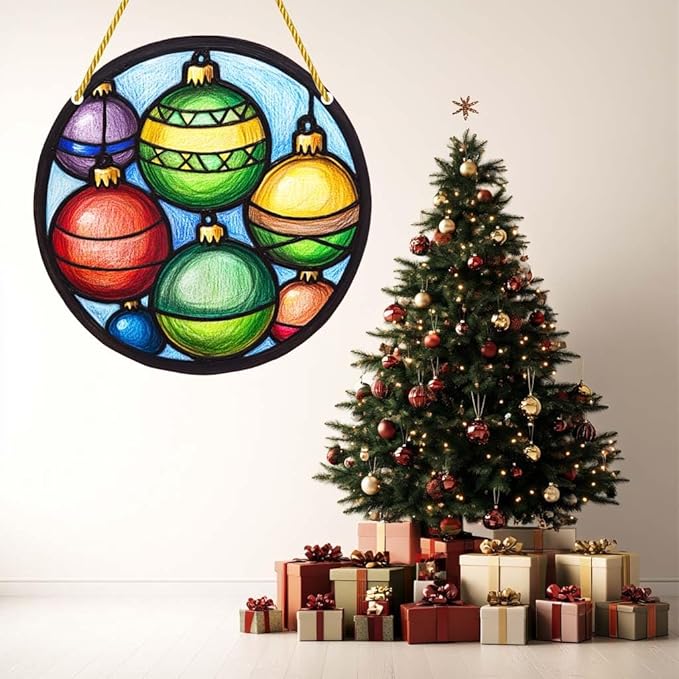 Acrylic Window Hanging Merry Christmas Balls Stained Panel Window Decoration for Outdoor Indoor Garden Yard Home Winter Decor 12 Inch