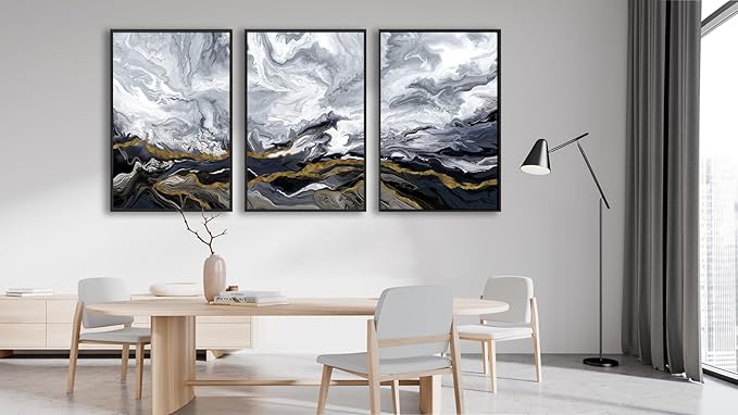 Large Framed Modern Wall Art - Abstract Landscape Cloudy Mountain Wall Decor 20"x28" Set of 3 Contemporary Grey Dark Painting Prints Marble Canvas Pictures for Living Room Bedroom Office Artwork