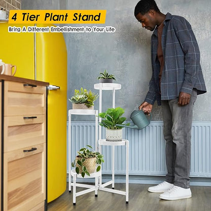 4 Tier Plant Stand Indoor Outdoor, 31 Inch Tall Metal Plant Shelf Waterproof, Plant Holder with Folding Design For Home, Living Room, White