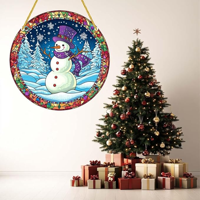 Acrylic Window Hanging Winter Snowman Stained Panel Window Decoration for Outdoor Indoor Garden Yard Home Winter Decor 8 Inch