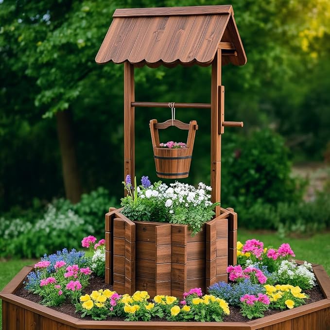Wishing Wells for Outside,Wooden Wishing Well Planter,Rustic Flower Planter for Garden Patio Lawn Backyard Home Decor-21.7X21.7X47.25IN