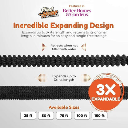 Flexi Hose Plus Expandable Garden Hose with 8 Function Nozzle, 50FT - Lightweight Retractable Garden Hose, Water Hose - No-Kink Flexibility, 3/4 Inch Solid Brass Fittings Includes Hook & Bag
