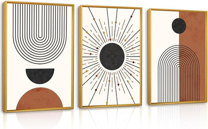Minimalist Boho Framed Canvas Wall Art Set, Neutral Geometric Line Sun Wall Decor, Mid Century Wall Painting, Abstract Modern Bohemian Art Print for Living Room, Bedroom, Office -24"x36"x3
