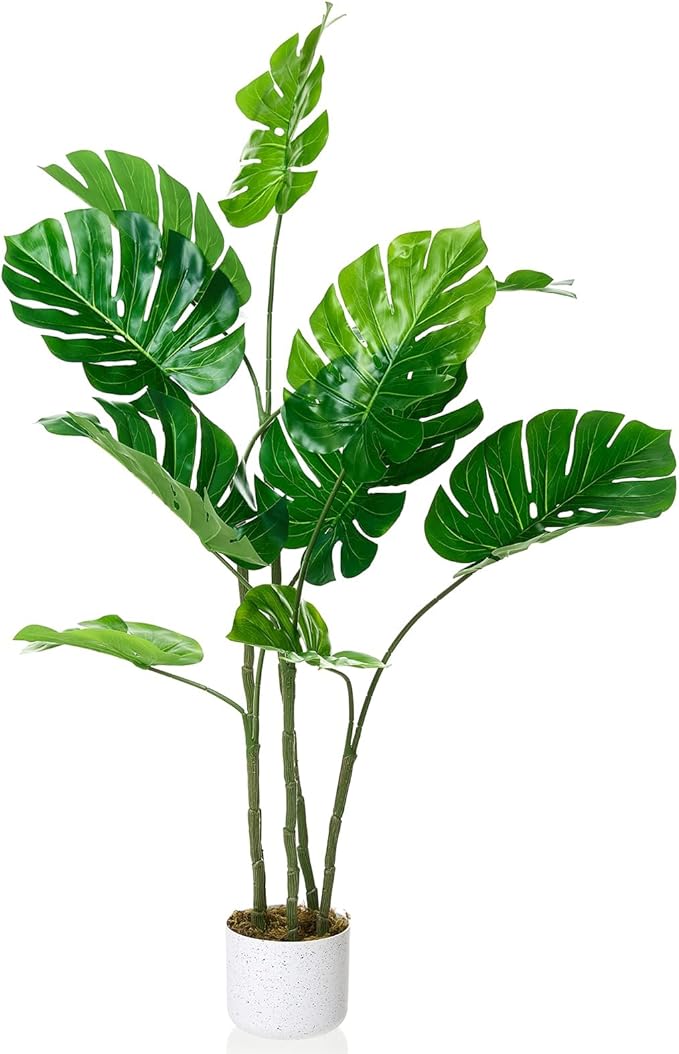 4FT Artificial Monstera Plant - Realistic Fake Tropical Palm Tree for Home Decor - Large Faux Monstera Deliciosa with Bendable Stems - Indoor Outdoor UV Resistant