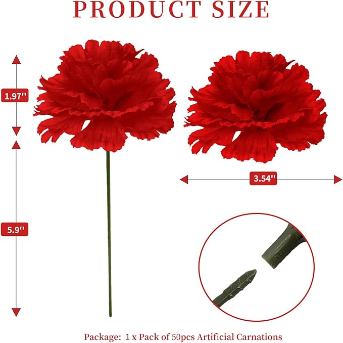 Silk Carnation Flower, 50 Artificial Flowers, Used for Wedding Decoration DIY Handmade Flowers, Carnation Flower Diameter 3.5 Inches and 6 Inches Stem (Red)