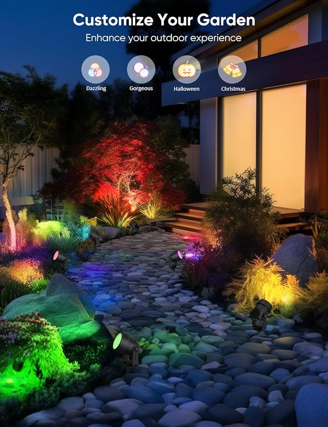 APPECK Low Voltage Landscape Lights, Smart RGBW Color Changing Landscape Lighting with APP Control, IP65 Waterproof Outdoor Spotlights for Garden Yard Outside Decoration, 8 Pack