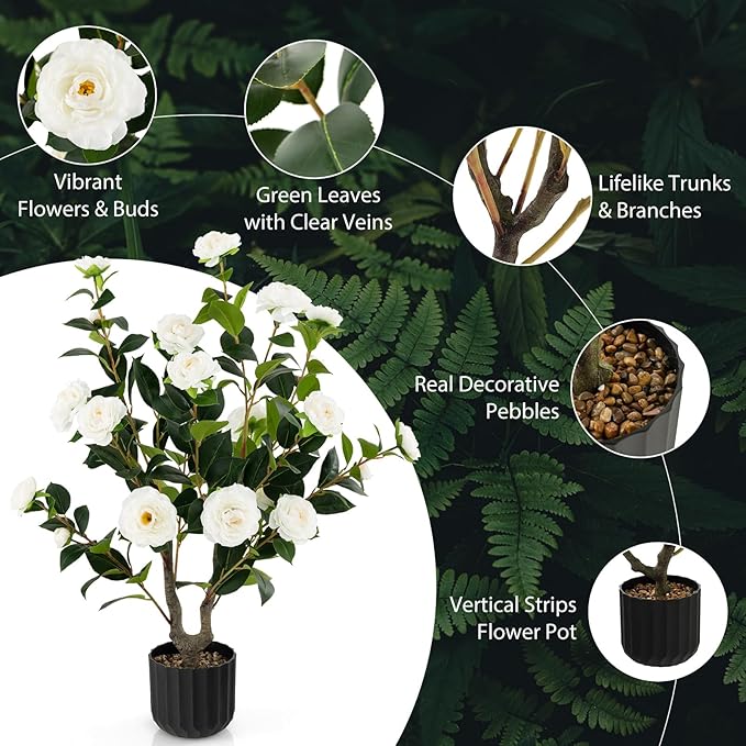 Goplus 38’’ Artificial Camellia Tree, Flower Plants Artificial Tree, Faux Floral Plant Blooming Tree in Cement Pot, Greenery Potted Plant for Indoor Outdoor Office Home Porch Decor