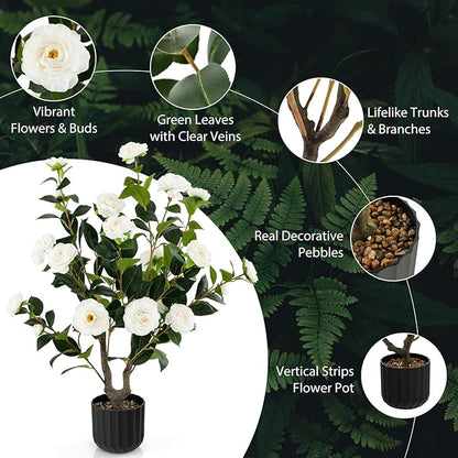 Goplus 38’’ Artificial Camellia Tree, Flower Plants Artificial Tree, Faux Floral Plant Blooming Tree in Cement Pot, Greenery Potted Plant for Indoor Outdoor Office Home Porch Decor