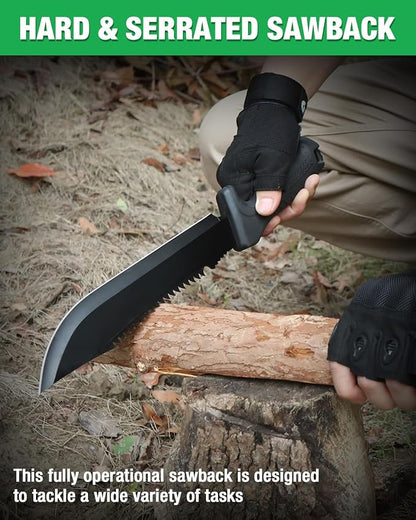 Mossy Oak 16" Heavy Duty Machete with Saw and Sheath, Sharp Dual-Edge Blade, Ergonomic Non-Slip Handle for Bushcraft, Outdoor Hunting, Garden Cutting and Yard Work