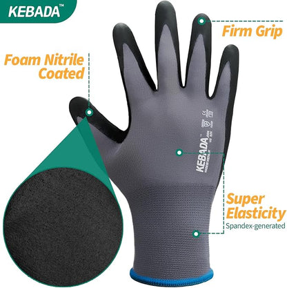 Kebada W5 Work Gloves Bulk Pack (60 Paris), Foam Nitrile Coated Working Gloves with Grip, Ultra Stretchable Spandex Knit Gloves for Gardening and Light Duty Mechanic Work, Medium (Made in Vietnam)