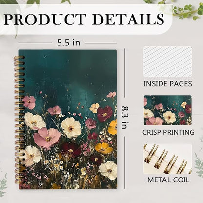 nvucamd Vintage Floral Spiral Notebook, Dark Green Cottagecore Wildflower Botanical Journal Notebook, Retro Moody Flower Journaling Notebooks for Women, Floral Gifts Office Supplies, 5.5x8.3 Inch