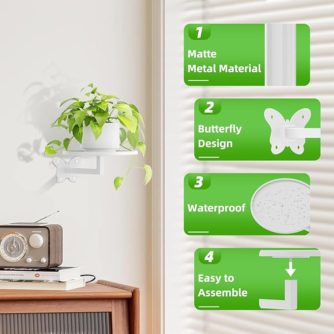 Wall Mounted Plant Holder - Butterfly Metal Hanging Shelf for Indoor Plants Succulents Flowers Decor Sturdy Wall-Mounted Storage for Bedroom Living Room Bathroom Space-Saving Home Organizer 2-Pack White