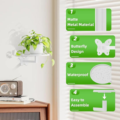 Wall Mounted Plant Holder - Butterfly Metal Hanging Shelf for Indoor Plants Succulents Flowers Decor Sturdy Wall-Mounted Storage for Bedroom Living Room Bathroom Space-Saving Home Organizer 2-Pack White
