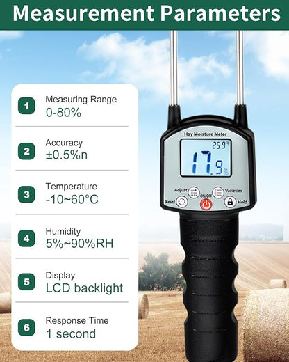 Hay Moisture Tester, Portable Hay Moisture Meter, Hay Bale Moisture Tester with Dual Probe, Forage Moisture Tester with Automatic Temperature Compensation for Alfalfa, Forage, Orchard Grass, Bales