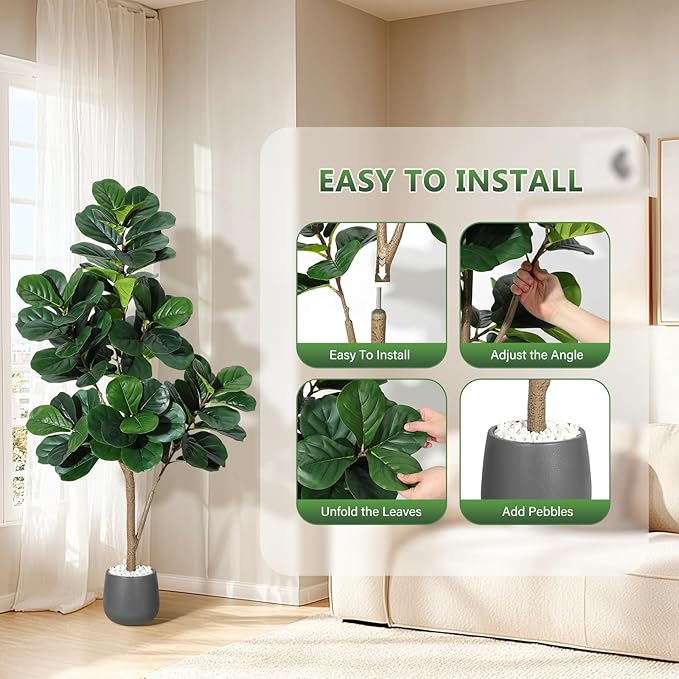 5 ft Fiddle Leaf Fig Tree Artificial with 77 Leaves - Realistic Faux Ficus Lyrata Trees in 7.8 in Grey Planter Pot, Indoor Fake Floor Plants for Home Office Living Room Decor, Housewarming Gift