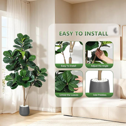 5 ft Fiddle Leaf Fig Tree Artificial with 77 Leaves - Realistic Faux Ficus Lyrata Trees in 7.8 in Grey Planter Pot, Indoor Fake Floor Plants for Home Office Living Room Decor, Housewarming Gift