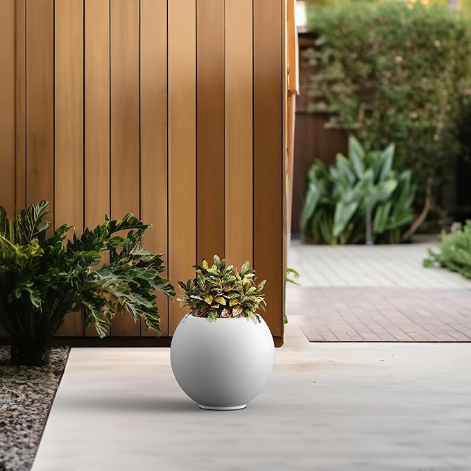 Kante Round Concrete Flower Pot, 11 Inch Dia (7.9" Opening) Sphere Shape Design Planter with Drainage Hole and Rubber Plug for Indoor & Outdoor Plants, White Finish with Painted Interior