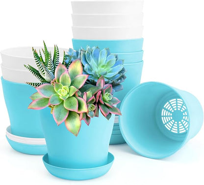 4 inch Plant Pots 10 pcs Flower Pots for Indoor Plants Pots small Succulent Pots with Drainage Plastic Mini Flower Pots Herb Garden Planter Indoor Herb Plants Nursery Pots for Plants white & blue