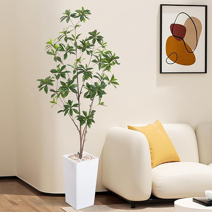 Artificial Brave Ficus Tree 5FT-Faux Tree with White Tall Planter-Fake Potted Tree with Silk Leaves-Tall Artificial Plants for Home Office Living Room Hallway Decor Indoor