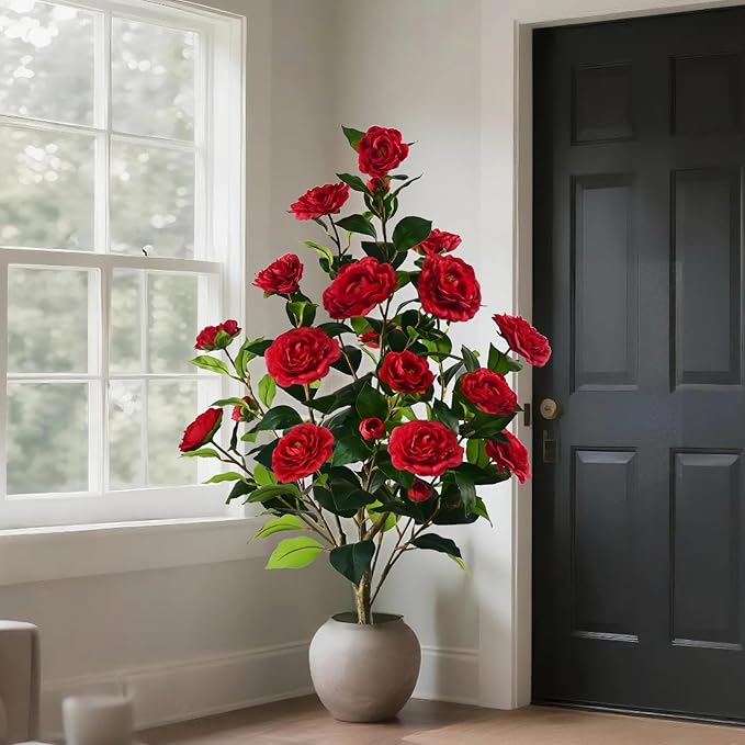 Artificial Camellia Tree with Spike, 36” Tall Faux Artificial Plants Outdoor Flower Tree with Red Blooming Camellia Flower, Fake Flower Tree for Home, Garden Decor(Red)