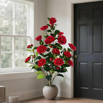 Artificial Camellia Tree with Spike, 36” Tall Faux Artificial Plants Outdoor Flower Tree with Red Blooming Camellia Flower, Fake Flower Tree for Home, Garden Decor(Red)