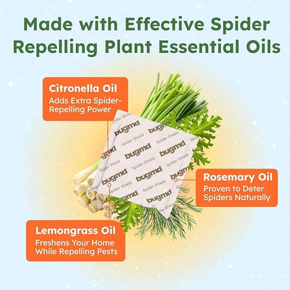BugMD Spider Shield Repellent Pouches (4 Pack, 16 Pouches) Plant-Based Indoor & Outdoor Spider Repellent | Safe for Pets & Family | Natural Citronella, Rosemary & Lemongrass Oils