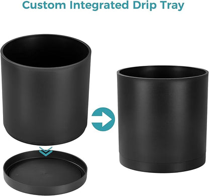 FaithLand 8-Inch Modern Cylinder Planter, Thick-Walled Plastic Plant Pot with Drainage Holes and Detachable Saucer, Matte Black, Ideal for Indoor & Outdoor Plants Flowers