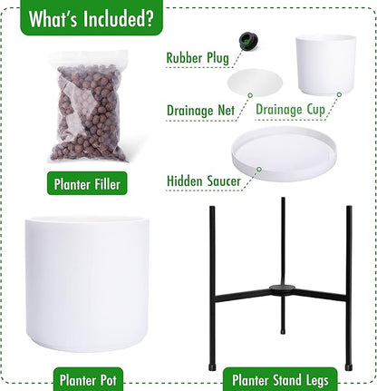 D'vine Dev Modern White Plants Pot Cylinder Planter with Heavy Duty Stand, Large 12 Inch Pot, 18.9 Inch with Stand Height, 96-T-A-3