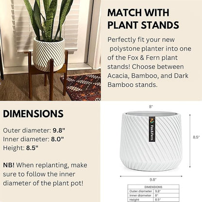 Fox & Fern 10 Inch Plant Pot with Drainage Plug — Premium Polystone White Plant Pot; Modern Planter with 3D Texture and Ceramic Finish; 10 Inch Pots for Plants Indoor & Outdoor