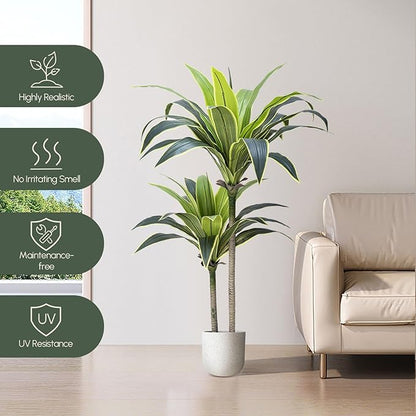 Artificial Dracaena Tree 5ft - Faux Tree Nearly Natural Indoor Outdoor, UV-Resistant Tall Artificial Plants, Standing Fake Plant Tree, Large Fakeplant for Home Office Living Room Decor
