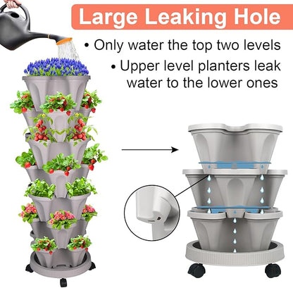 GameXcel Vertical Planter 7 Tier Stackable Planters Garden Planters Strawberry Herb Flower and Vegetable Planter Indoor Outdoor Gardening Pots with Removable Wheels and Tools