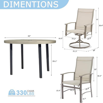5 Piece Outdoor Dining Set, 42" Ivory Beige Round Outdoor Dining Table with 2 Ivory Beige Swivel Outdoor Dining Chairs and 2 Fixed Patio Table and Chair Set of 4 for Lawn, Garden, or Porch