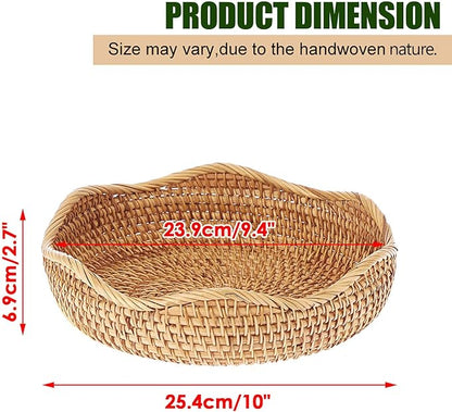 Hipiwe Natural Rattan Tray Wicker Storage Bowls Hand Woven Basket Tray for Bread Fruit Key Round Fruit Baskets for Kitchen Entryway Tabletop Decorative Baskets Bowl,10 Inches