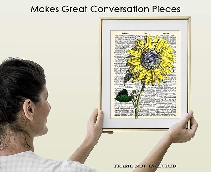Vintage Sunflower Botanical Wall Art, Dictionary Posters - Give Your Home A Touch of Elegance With Plant Pictures Wall Art, Unframed 11x14 Botanical Decor Poster Prints