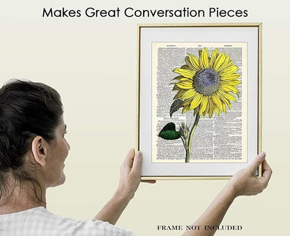Vintage Sunflower Botanical Wall Art, Dictionary Posters - Give Your Home A Touch of Elegance With Plant Pictures Wall Art, Unframed 11x14 Botanical Decor Poster Prints