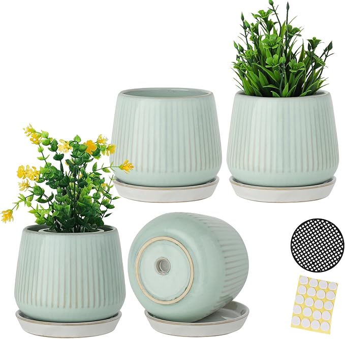 3.5 Inch Ceramic Succulent Planter Pots with Drainage Hole and Saucers, Small Glazed Ceramic Plant Pots for Indoor Flowers, Herbs, Cactus, Outdoor Plants, Green, Set of 4 (Plants Not Included)
