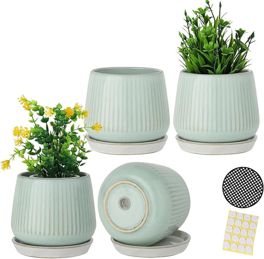 3.5 Inch Ceramic Succulent Planter Pots with Drainage Hole and Saucers, Small Glazed Ceramic Plant Pots for Indoor Flowers, Herbs, Cactus, Outdoor Plants, Green, Set of 4 (Plants Not Included)