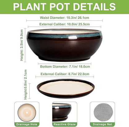 SQOWL Bonsai Tree Pots - 10 Inch Ceramic Succulent Pots with Drainage Hole and Saucer, Round Shallow Plant Pot Indoor Outdoor, Ceramic Bonsai Pot, Bowl Planter, Home Decor, Garden Gifts, Blue-Brown