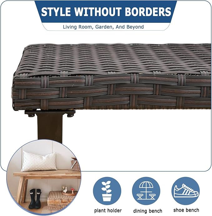 46" Outdoor Rattan Backless Bench, All-Weather Patio Garden Bench for Backyard, Porch, or Lawn, Durable Steel Bench for Outdoor Spaces