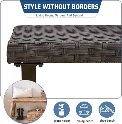 46" Outdoor Rattan Backless Bench, All-Weather Patio Garden Bench for Backyard, Porch, or Lawn, Durable Steel Bench for Outdoor Spaces
