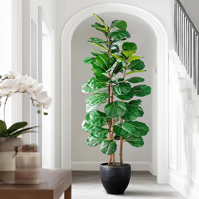 Large Artificial ficus Tree Tall Faux Plastic Plants Flowers Indoor Outdoor Realistic Floor Plant Fake Fiddle Leaf fig Trees for House Home Living Room Office Front Porch Modern Farmhouse Decor