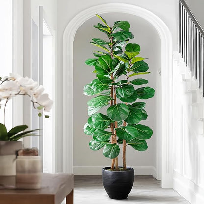 Large Artificial ficus Tree Tall Faux Plastic Plants Flowers Indoor Outdoor Realistic Floor Plant Fake Fiddle Leaf fig Trees for House Home Living Room Office Front Porch Modern Farmhouse Decor