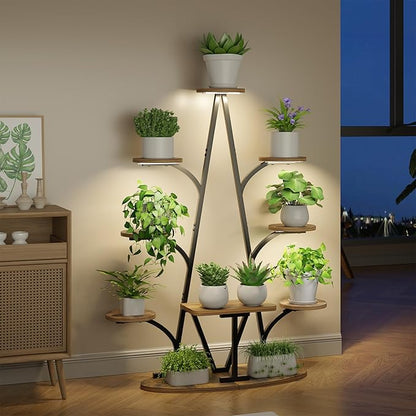 Plant Stand Indoor with Grow Lights - 51" Tall Christmas Tree-Shaped Corner Plant Shelf, 9 Tiered Metal Plant Rack with Adjustable Brightness & Timer, Sturdy Display Stand for Plants, Balcony Decor (Black)