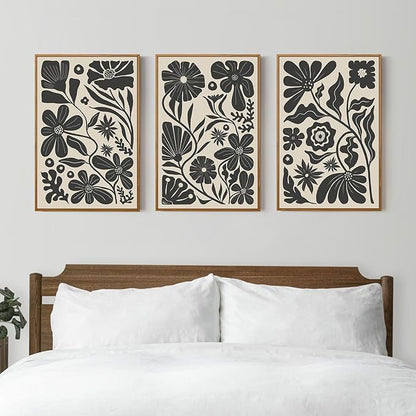Ausril Black Floral Botanical Framed Canvas Wall Art Set, Abstract Floral Market Wall Decor, Modern Vintage Wall Painting, Boho Minimalist Art Print for Living Room Girl Room Office 16"x24"x3
