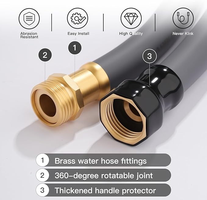 Garden Hose 5/8" x 25ft - Brass Rubber Heavy Duty Water Hose 600 PSI Burst Pressure, Durable Flexible Hose for Yard, Car Wash, Pets Gray